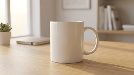 A white ceramic mug on a wooden table in a bright room with a plant and books in the background