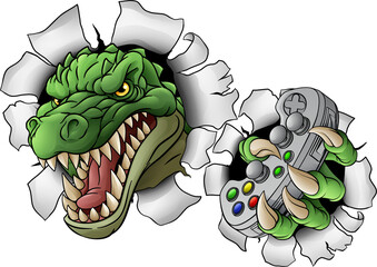 A crocodile, dinosaur or alligator lizard gamer sports video game gaming mascot holding a games controller © Christos Georghiou