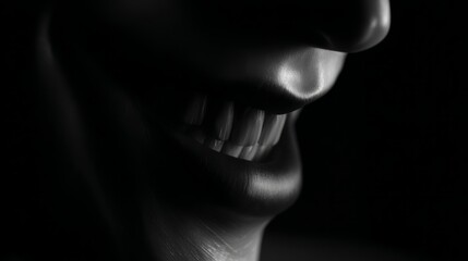 Close-up of a smiling mouth with sharp teeth, showcasing a glossy texture and dramatic lighting, creating an eerie yet captivating atmosphere in a dark setting