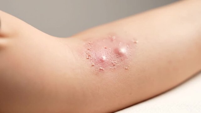 Close-up of an inflamed arm with multiple pustules and redness
