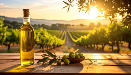 Bottle of olive oil with olives and grove in warm sunlight