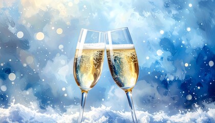 静寂な冬の夜に灯る黄金の泡、クリスタルなシャンパングラスの幻想的風景