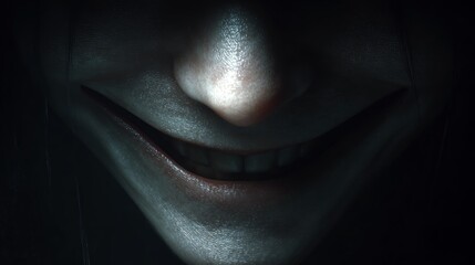 Close-up of a sinister smiling face with pale skin, dark hair, and eerie expression, creating a chilling atmosphere, perfect for horror-themed projects and storytelling
