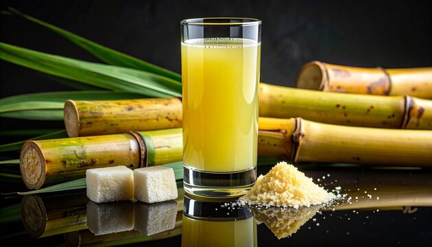 Glass of sugarcane juice with stalks and jaggery cubes