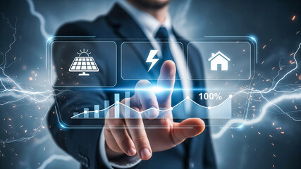 A professional in a suit engages with a holographic touch screen showing energy, solar, and home icons alongside charts, illustrating modern digital finance, smart energy, and tech-driven business.