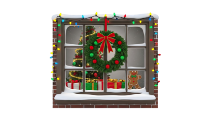 Christmas Window Scene with Lights, Wreath, Tree, Gifts, and Gingerbread Man