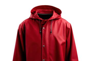Red hooded raincoat with drawstring and buttons against black background jacket