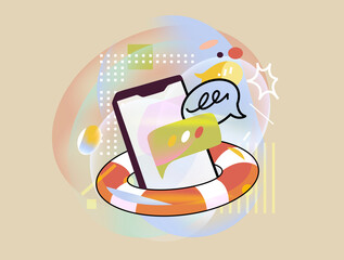 Smartphone in lifebuoy symbolizing online customer support and help