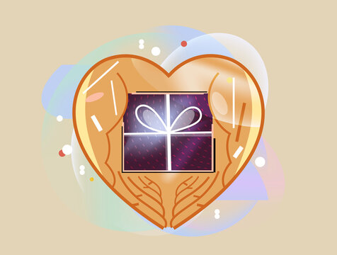 Hands holding heart shape with gift box inside