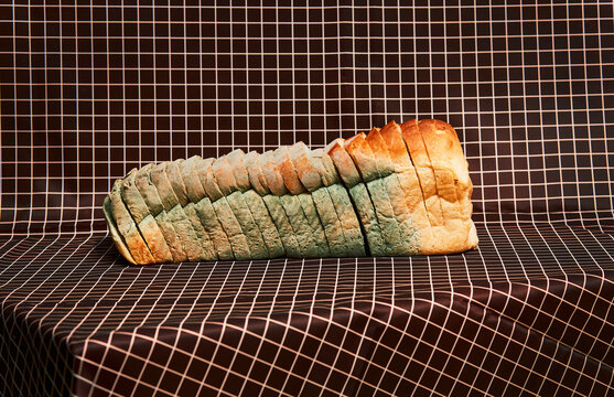 Colorful moldy bread on tablecloth
