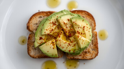 Delicious Avocado Toast Delight: A Close-Up View of Toasted Bread Slices, Topped with Creamy Avocado, Seasoning, and a Drizzle of Olive Oil, Served on a White Plate