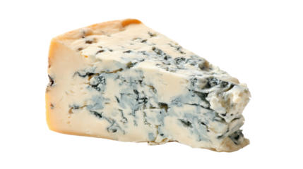 Wedge of blue cheese with mold veins on a transparent background, savory dairy product for cooking and appetizers