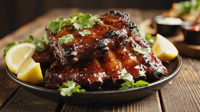 A beautiful rotating platter of caramelized barbecue ribs garnished with fresh herbs and lemon wedges sitting prominently on a rustic wooden table setting highangle, gastronomy, cooking