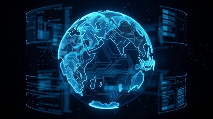 A futuristic digital representation of the Earth from space, showcasing global network connections and data visualization in a dark environment. - Powered by Adobe