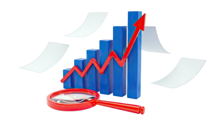 Financial Growth Chart with Magnifying Glass and Papers