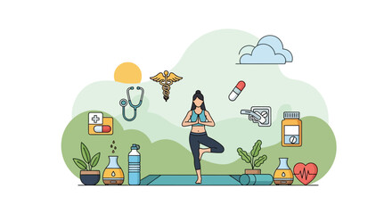 Fototapeta premium Woman practicing yoga surrounded by health and wellness elements.