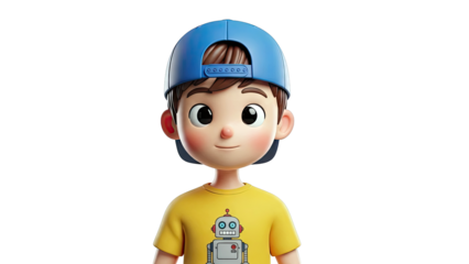 3D Cartoon Boy with Blue Cap and Robot T-Shirt