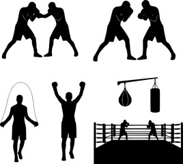 Boxing and training silhouettes set. Vector illustration of boxers sparring, jumping rope, celebrating victory, and boxing ring with punching bags isolated on white background.