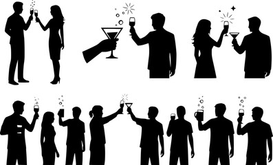 Collection of silhouettes of people toasting with drinks. Men and women celebrating, holding glasses of wine, cocktails, and beer at a party or event.