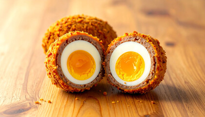 Classic Scotch Egg on Wooden Background 