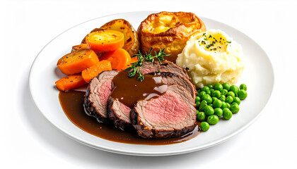 Sunday Roast on White Plate Isolated on White Background 