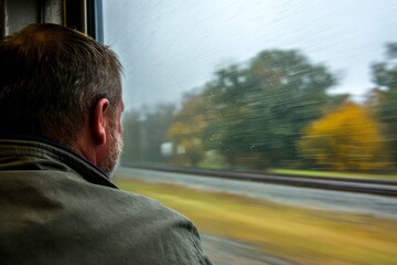 Man with short hair gazes out of a train window, observing blurred scenery of trees and fields, capturing the essence of travel and reflection in a moving environment