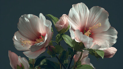 Elegant pink hibiscus flowers in full bloom, showcasing delicate petals and vibrant colors
