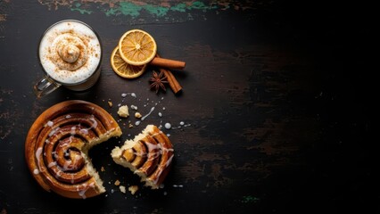 Cinnamon Roll with Coffee and Dried Orange Slices on Dark Wooden Background