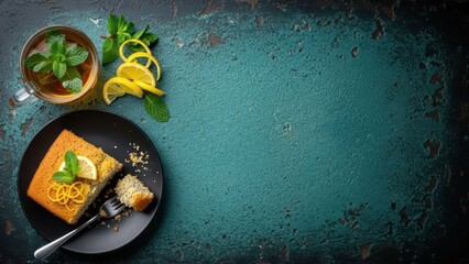 Lemon Poppy Seed Cake with Herbal Tea and Fresh Mint Leaves