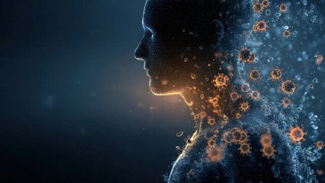 Deconstructing Humanity: An artistic depiction of the human form, rendered in captivating light and shadow, interwoven with ethereal cellular structures. 