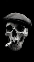 Fototapeta premium A detailed view captures a skull adorned with a flat cap, resting with a cigarette nestled in its teeth. This striking scene mirrors themes of life and death vividly against a dark backdrop