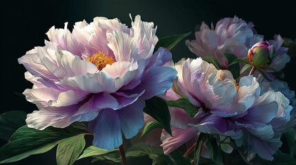 A close-up view of elegant peonies, with soft pastel petals, and an out-of-focus background. The flowers are in full bloom, revealing their delicate textures