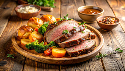 Traditional Sunday Roast on Wooden Plate on Rustic Wooden Table