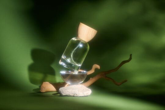 Elegant perfume bottle with wooden cap, balanced on natural elements