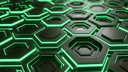 Abstract geometric background with glowing neon green hexagonal cells and dark surfaces