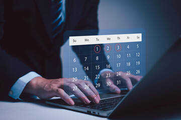 Person using laptop with digital calendar interface highlighting schedule dates. Concept of time management, business planning, productivity, deadline reminder, online scheduling, work organization.