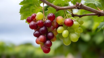 Red and green grapes hang in a lush cluster from a vine showcasing vibrant colors against a soft blurred natural background