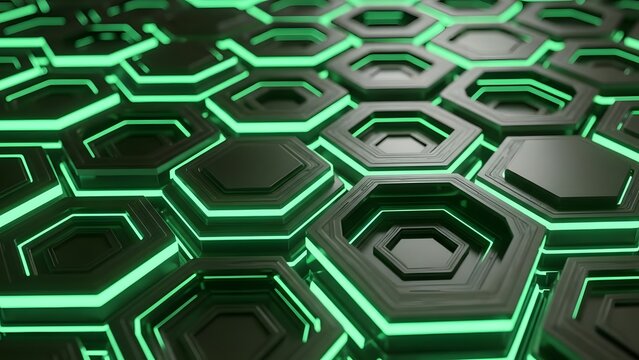 Abstract geometric background with glowing neon green hexagonal cells and dark surfaces - Powered by Adobe