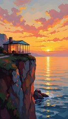 Cliffside Glass House at Sunrise &ndash; Oil Color Style