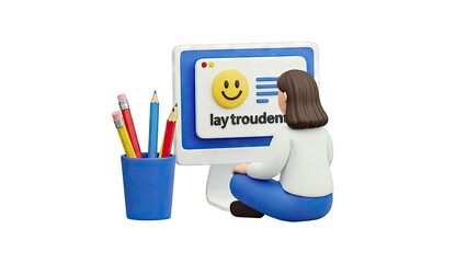 3D Illustration of Person Using Computer with Pencils