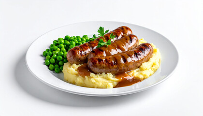 Bangers and Mash Sausages on White Background