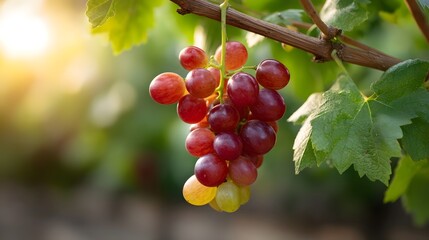 A cluster of ripe red and purple grapes hangs from a vine illuminated by warm golden sunlight