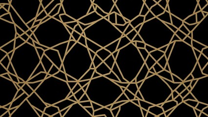 Intricate Islamic pattern featuring interconnected golden lines on a black background with a geometric design.