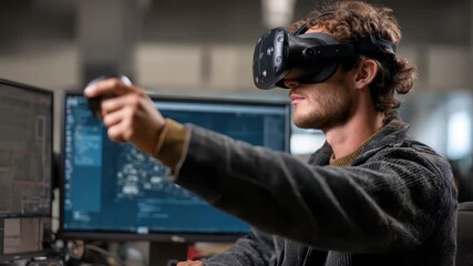 Student engineer engaged in virtual reality software development in a modern workspace