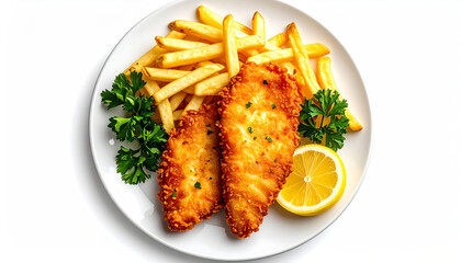 Fried Fish and Chips on White Plate Isolated on White Background