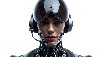 portrait of ai futuristic humanoid pilot robot on white background