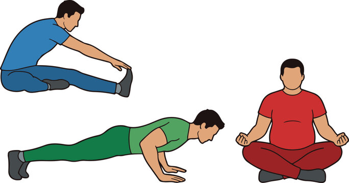 Male body types illustration featuring an ectomorph stretching, a mesomorph doing push-ups, and an endomorph meditating, representing different somatotypes, vector isolated.