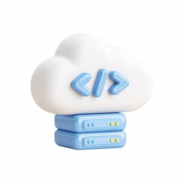 3D cute cartoon cloud server with code brackets and data stack isolated on transparent background.