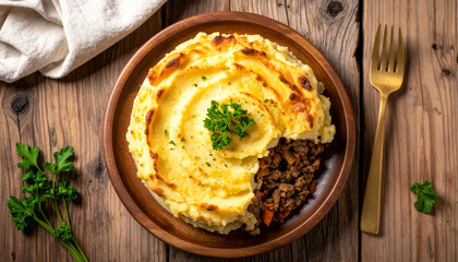 Shepherd&rsquo;s Pie on Wooden Plate on Rustic Wooden Table