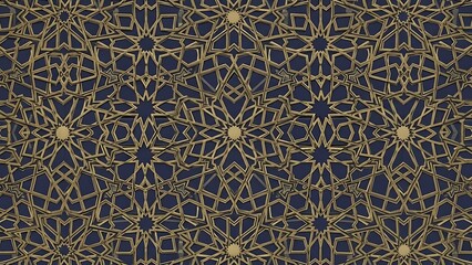Intricate Islamic pattern featuring gold geometric shapes and floral motifs on a dark blue background with a repeating design.